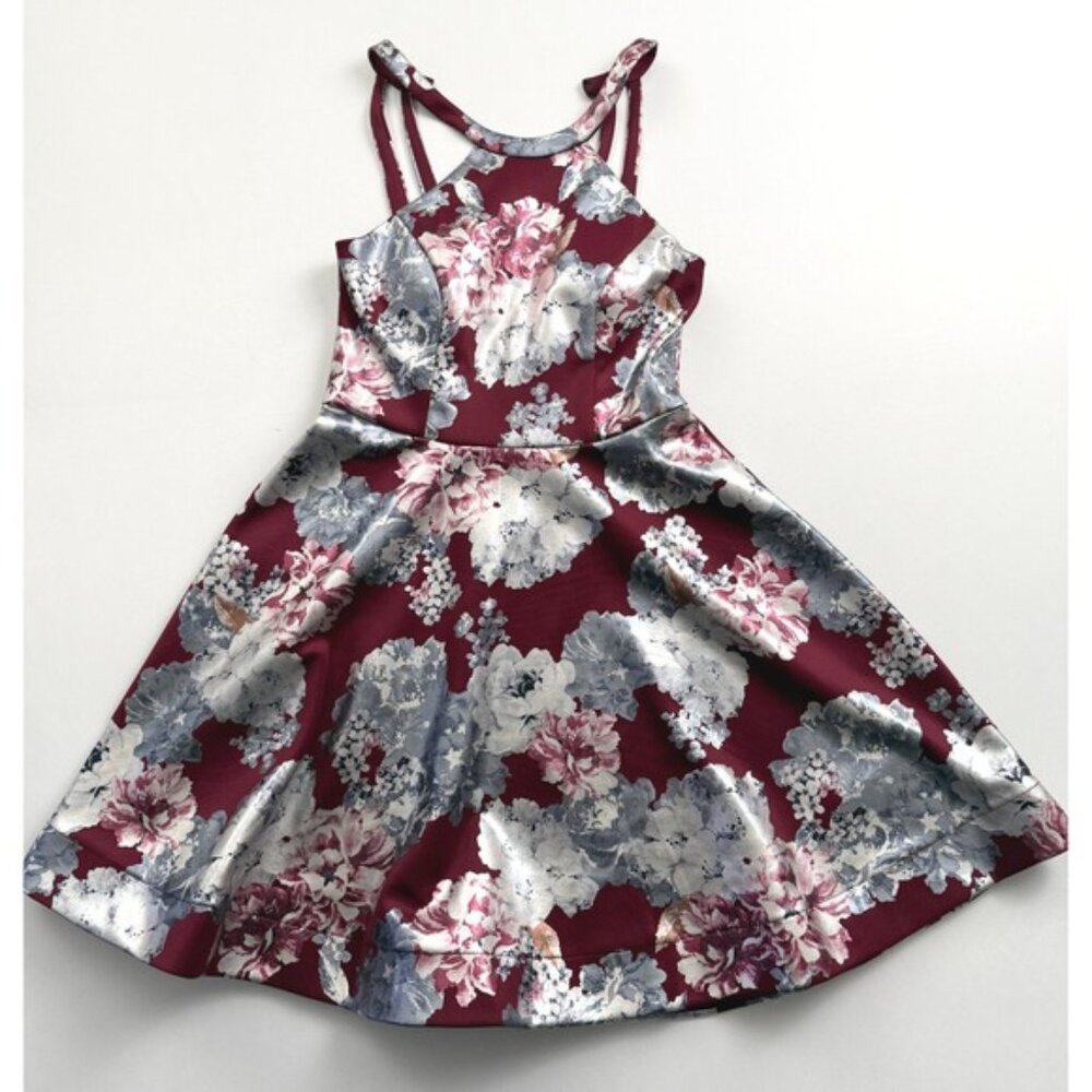 Sequin Hearts Floral Fit & Flare Halter Dress Party Cocktail Maroon Size 7